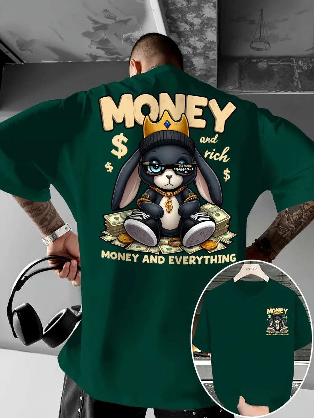 European and American men's summer rabbit wealth letter print comfortable and breathable round neck T-shirt outdoor street top