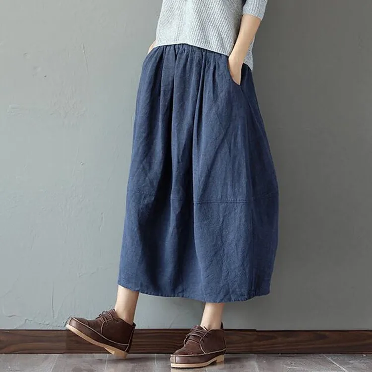 

NEW Elastic Waist Cotton Linen Solid Color Women Skirt Vintage Mori Girl Style Casual Summer Skirt Kawaii Cute Plaid Long Skirt