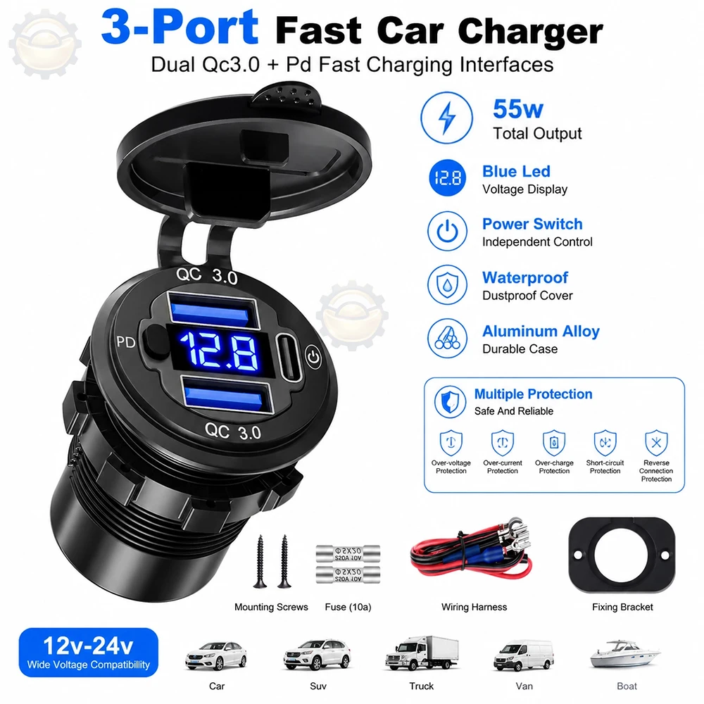 

55W Dual QC3.0 PD Fast Charger Motorcycle USB Socket LED Voltmeter Power Outlet Waterproof 3 Port Car Charger for Phone Tablet