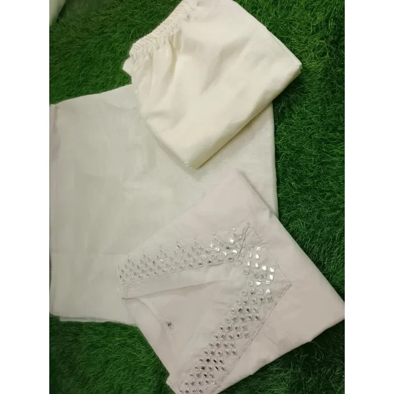 Calças artesanais Kurti Palazzo para mulheres, branco Kurta, calça Dupatta