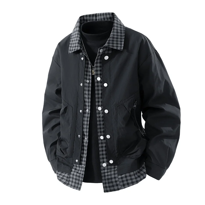 New Simplicity Fashion False Two Piece Men Jacket Outdoors Loose Comfort Versatile Coat Spring Autumn Casual Grid Lapel Tops Men