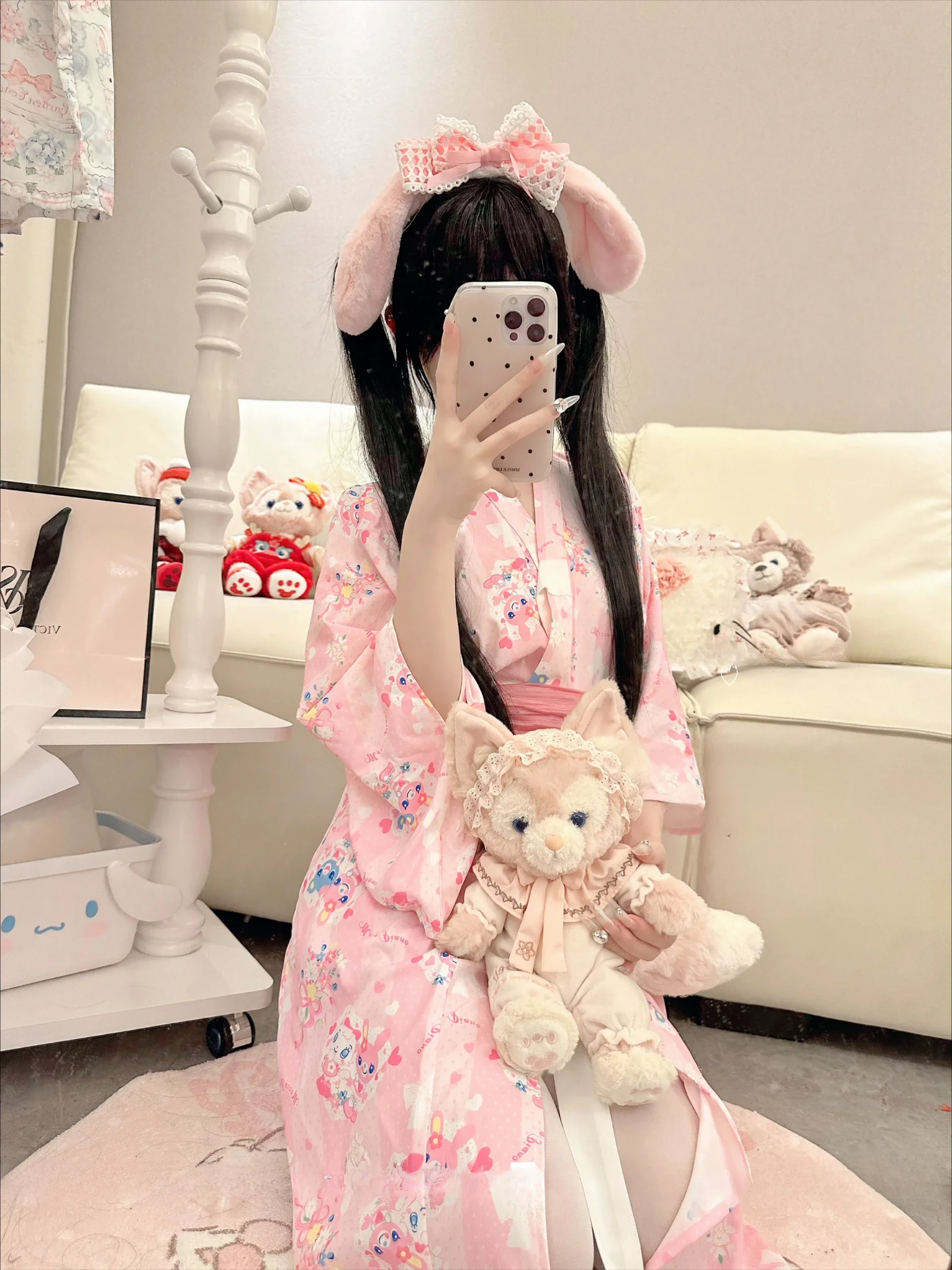 Pink Yukata Japanese Style Sweet Bathrobe Cartoon Robes with Belt Kimono Nightgown Pajama Sets Girls Home Clothes Costume