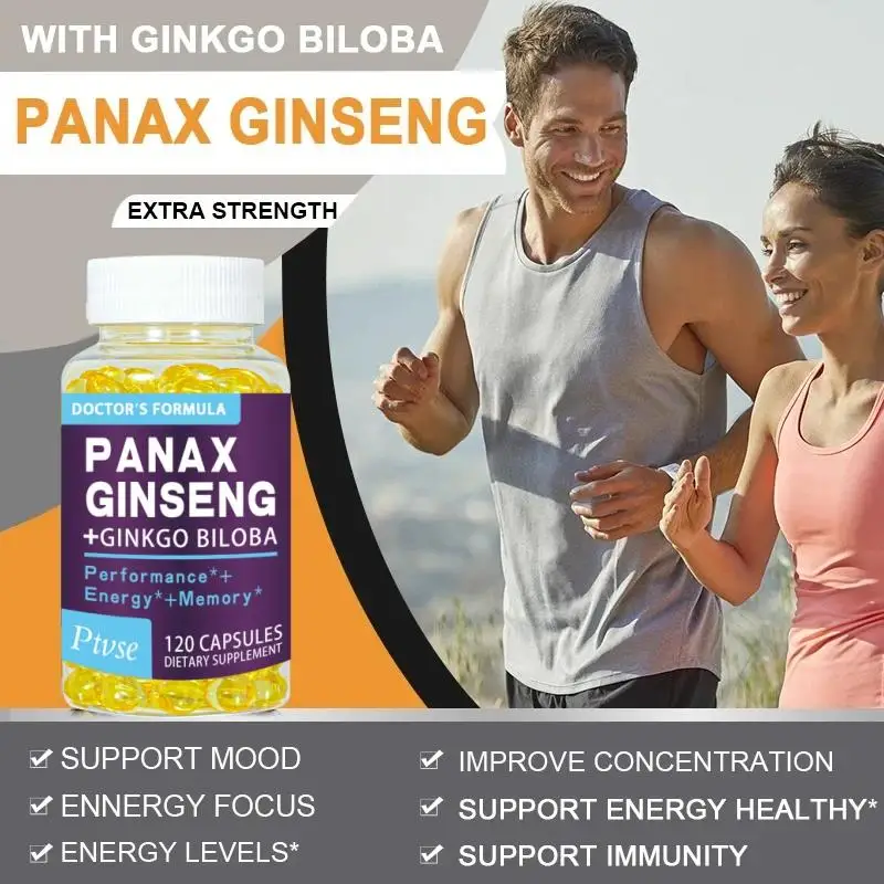 Ptvse Korean Red Panax Ginseng + Ginkgo Biloba Capsules Increases Energy, Mood, Stamina & Performance Supports Mental Health