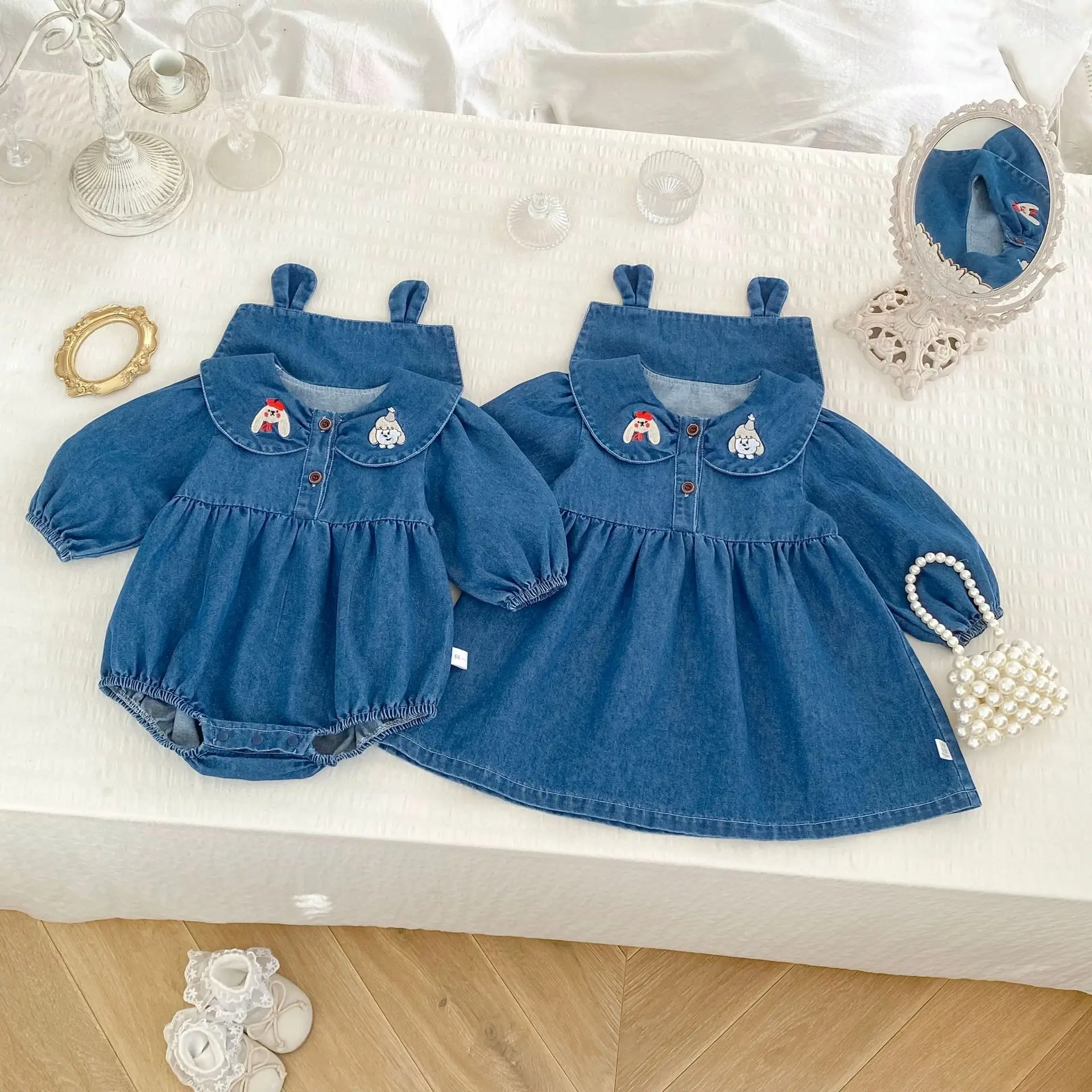 2026 Spring New Girls Long Sleeve Denim Dress Children Cute Cartoon Embroidery Lapel Dress Baby Girl Bodysuit Sisters Clothes