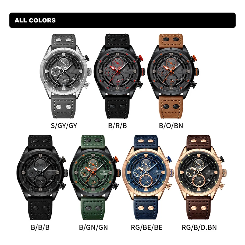 NAVIFORCE Luxury Man Chronograph Genuine Leather Trend Sport Water Resistant Watches for Men Quartz Date Display Male Wristwatch