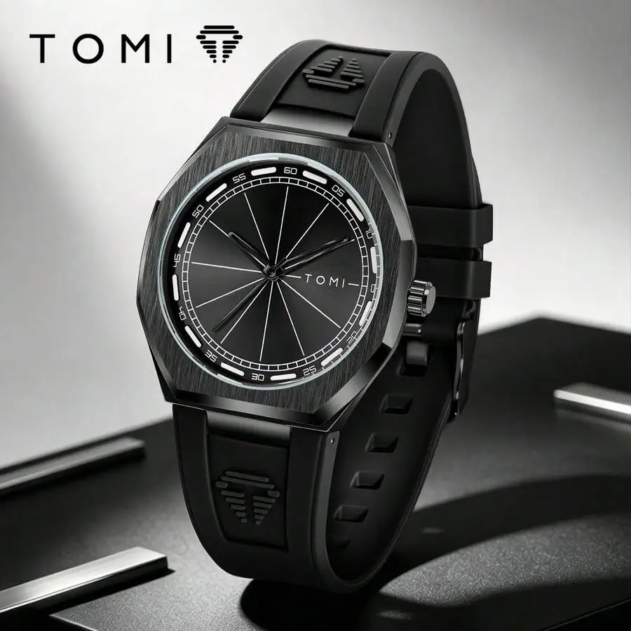 TOMI 1pc TOMI Unisex Fashion Octagonal Quartz Watch Silicone Strap Brushed Case Business Casual Wristwatch Suitable For Daily