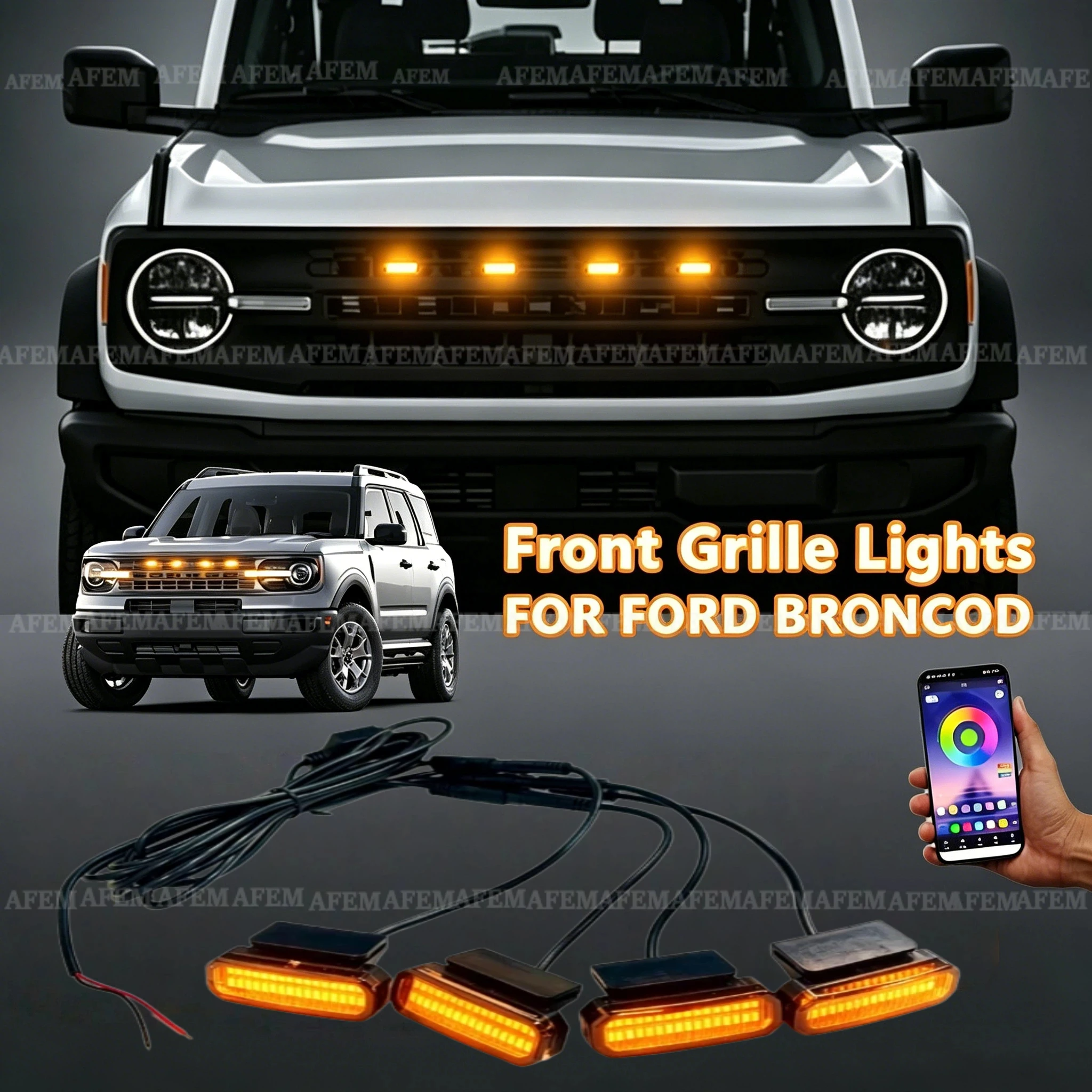 

FOR FORD BRONCOD APP Controlled LED Front Grille Yellow Lights Super Bright Daytime Running Lamps Specific Grill Lights