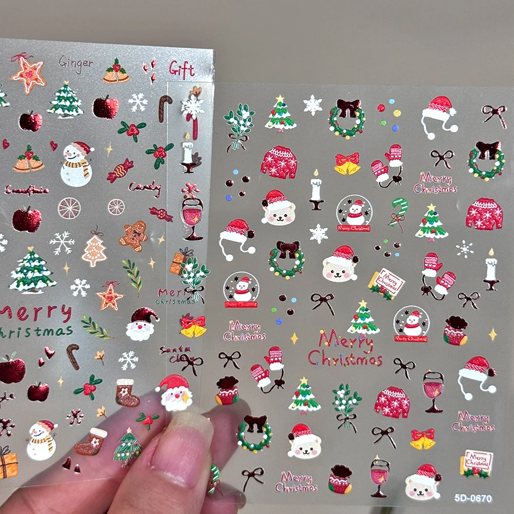 

1Pcs New Year Red Series Christmas Nail Art Sticker 5D Snowman Wreath Gloves Hat Santa Claus Nail Slider Winter Xmas Nail Decals