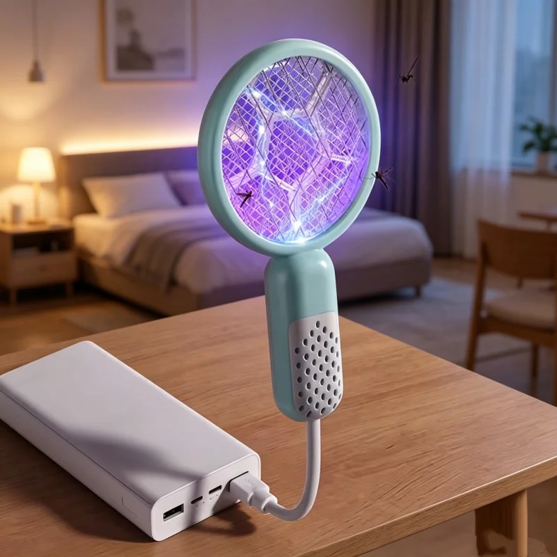 Mini USB Mosquito Swatter Electric Shock UV Light Insect Racket Anti-fall Security Net Physical Mosquito Trap Racket Camping