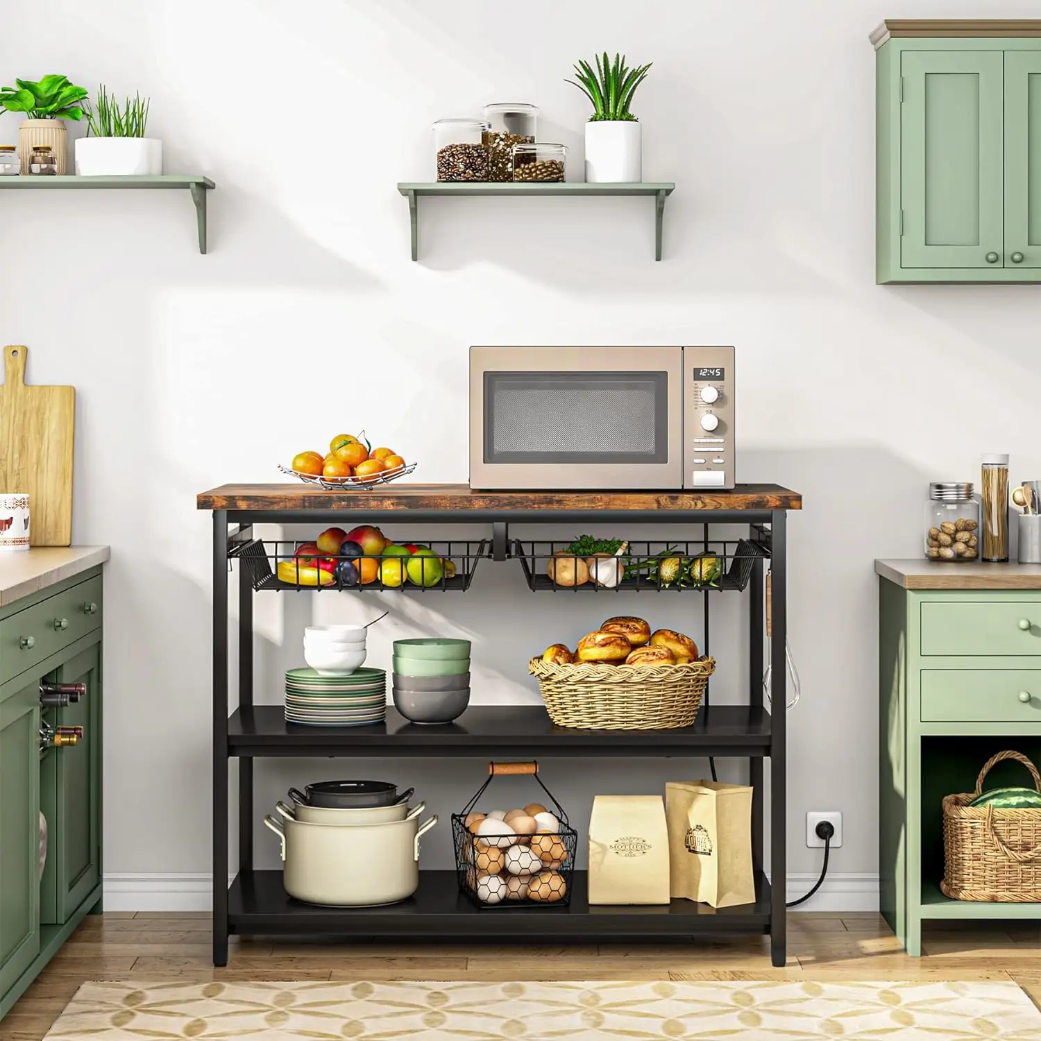 Kitchen Island with Storage, Industrial Island Table with Power Outlets and Wire Baskets, 3 Tier Microwave Oven Stand