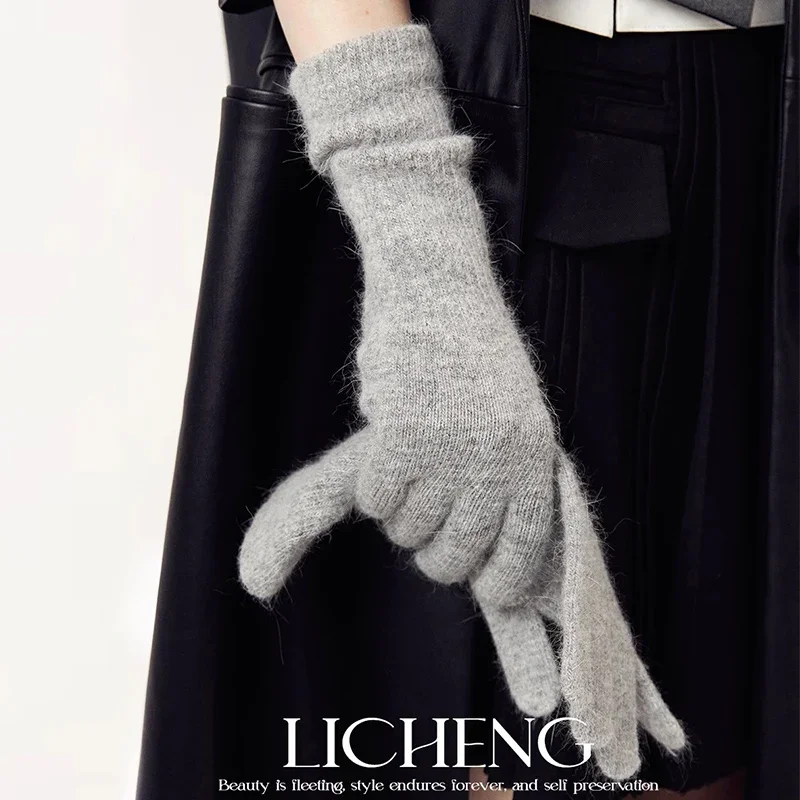 2024 New Rabbit Fur Long Gloves for Woman Winter Sold Knitted Finger Gloves High Quality