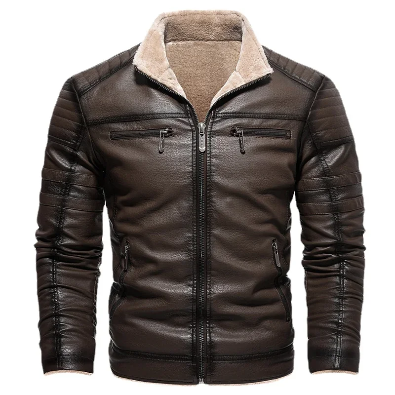 

Winter Thicken Fleece Men's Leather Jacket Vintage Stand Collar Solid Motorcycles PU Coat Male Warm Windproof Jackets Outerwear