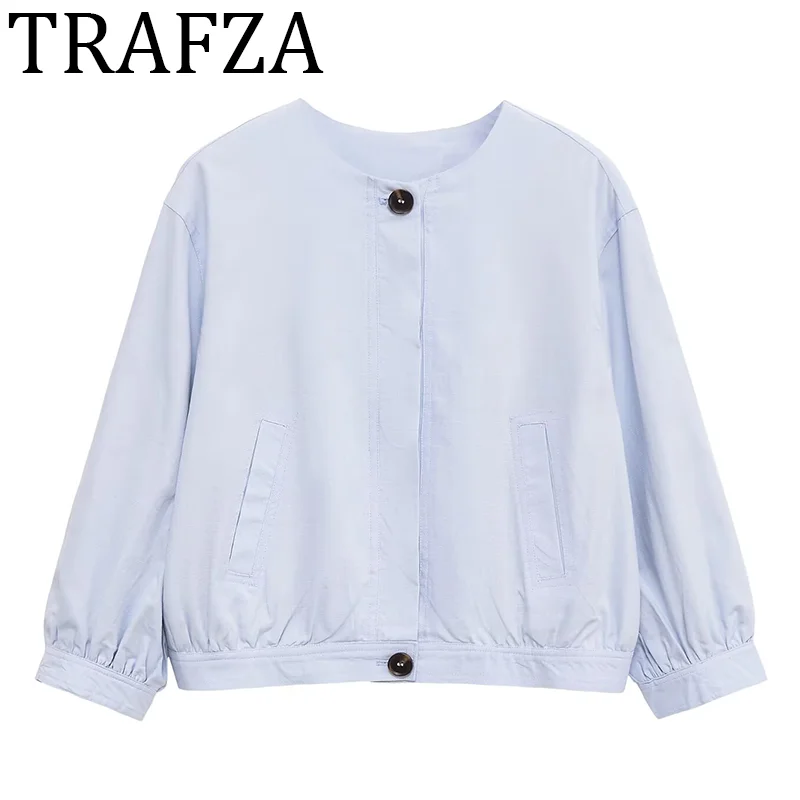 

TRAFZA Women's Jackets Lightweight Bomber Jacket for Woman Bomber-Style Relaxed Coat Blue Casual Outerwears Elegant Fashion Top