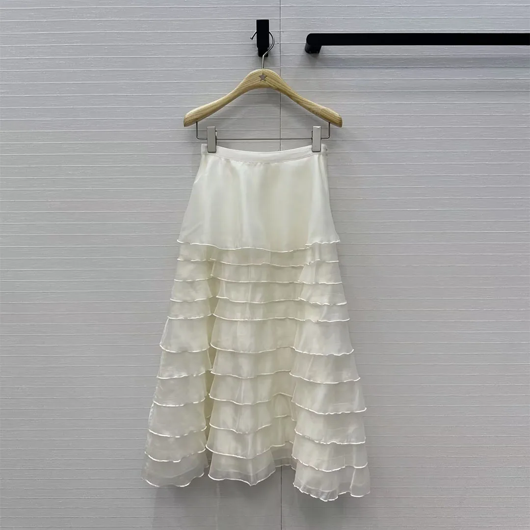 

New Fashion Elegant Lady Cake Skirts Women High Waist Ruffles Patchwork Gauze Sheer Loose Sweet Spring Summer Skirt