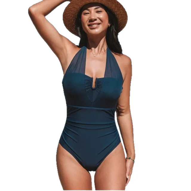 

Faionable One-Piece Swimsuit Belly Covering Slimming Design Spor Trendy Swimwear Fixed Chest Pad No Sve Polyester