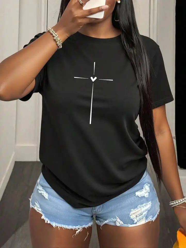 Casual Short Sleeve Heart Print T-Shirt for Women