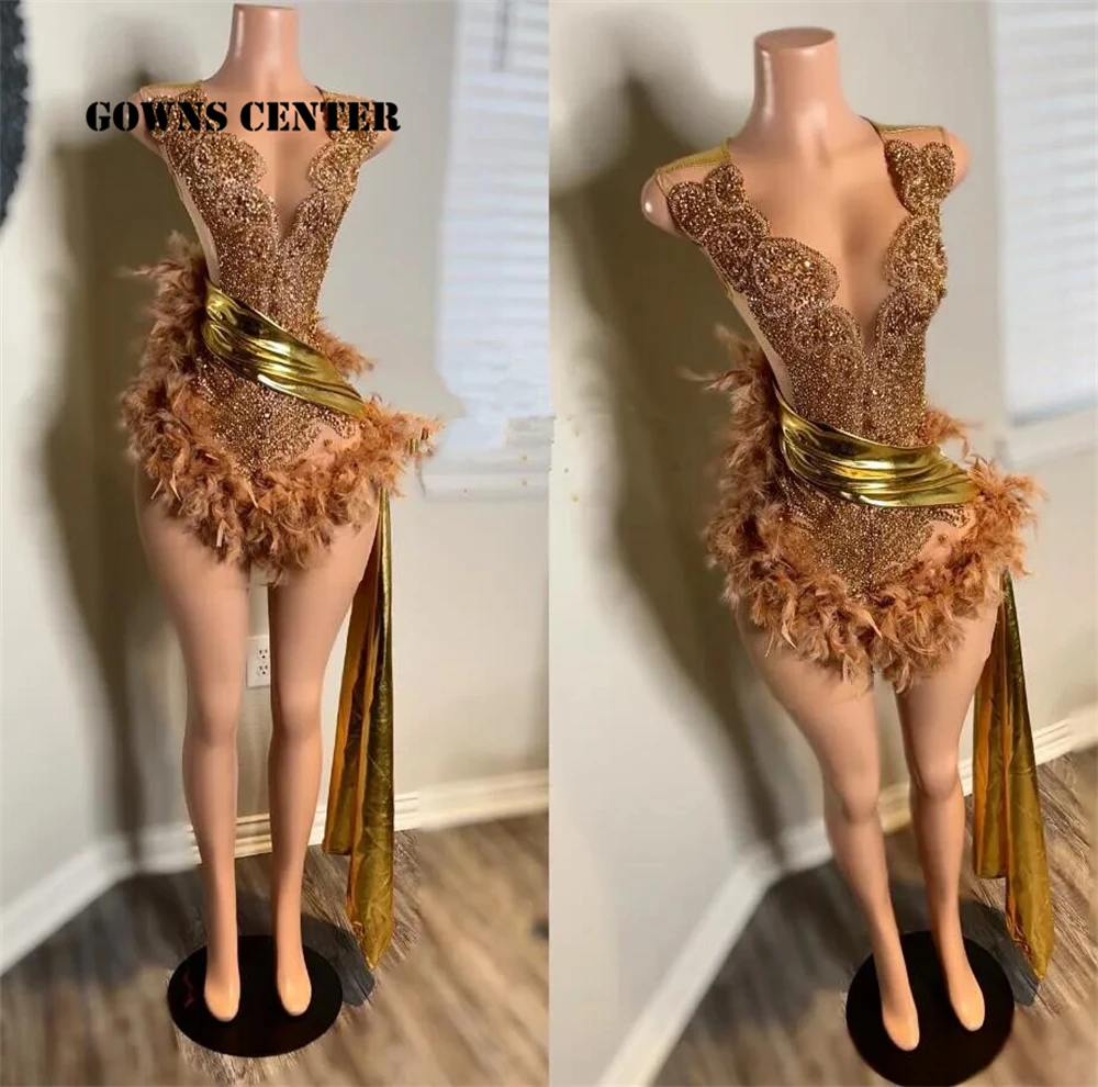 

See Thru Gold Feather 2024 Birthday Luxury Dress Short Prom Dress Black Girls Luxury Crystal Beading Graduation Gown Customized