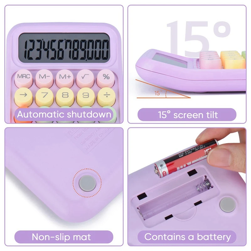 Calculadora de botão mecânico, display LCD de 12 dígitos, botões grandes fáceis de pressionar, calculadora de doces colorida roxa fácil de usar