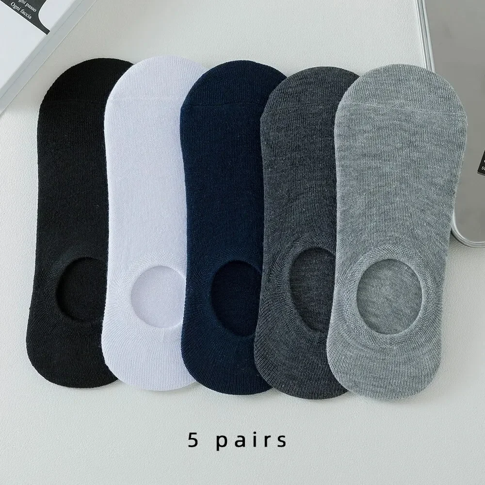 5 paires de chaussettes invisibles et pantoufles pour hommes, chaussettes bateau, coton et Silicone, antidérapantes, couleur unie, chaussettes d'été pour hommes