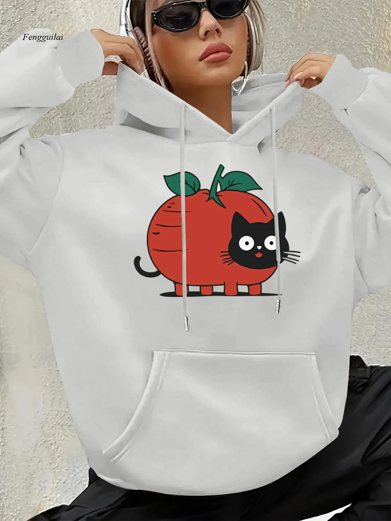 

Толстовка с капюшоном — милый пуловер с рисунком Apple & Black Cat, свободный свитер с капюшоном и длинными рукавами на осень/зиму