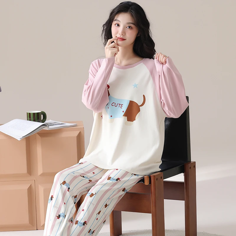 Cute Dog Pajamas Sets Womens Autumn Winter Long Sleeves Long Pants Pink Sleepwears Kawaii Pyjamas Cozy Pijamas Soft Pjs Girls Pj