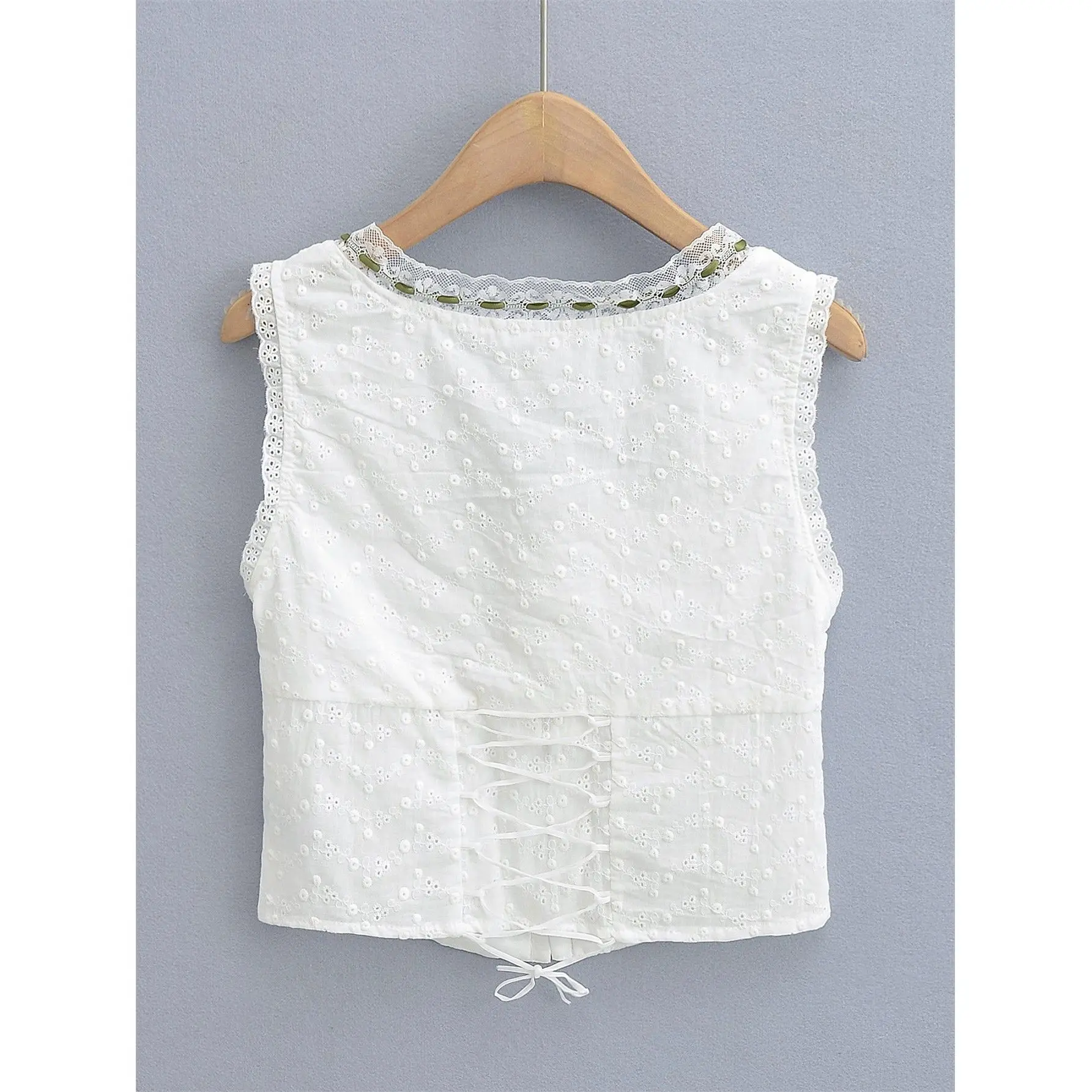 Top Cropped Sem Mangas com Cinto e Detalhes em Renda Retro para Mulheres, Novo Estilo de Primavera, Ajuste Slim, Csa Curta...