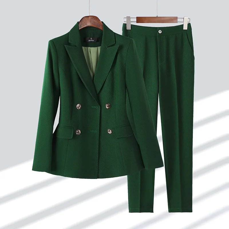 Fashion Ladies Pant Suit Formal Women Office Business Work Wear Blazer and Trouser Green Black Khaki 2 Piece Set Female Suit