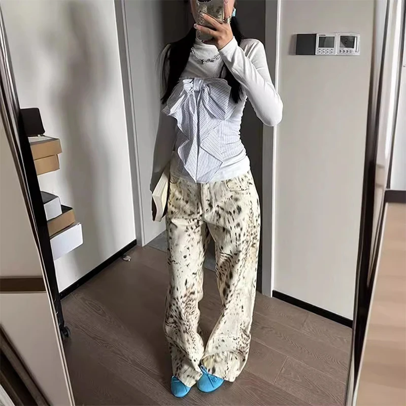 

Y2k Baggy Denim Jeans Wide Leg Pants For Women High Waist Retro Leopard Print Straight Barrel Jeans Streetwear Men Denim Trouse