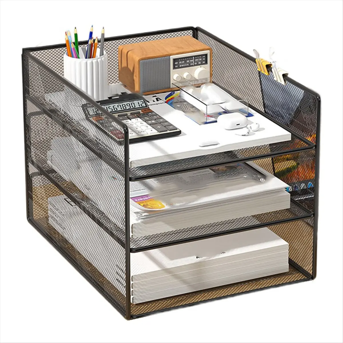 Office File Organizer Metal Mesh Desk Organizer with Three Layer Design Multifunctional File Holder Storage Rack Black