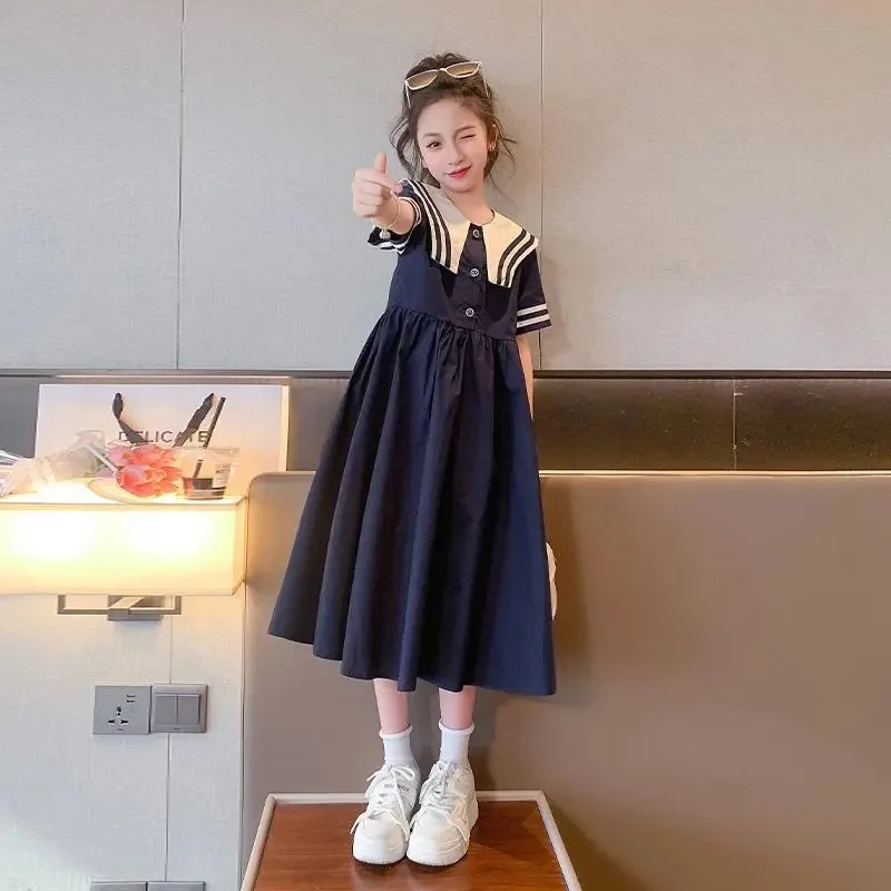 Girls' Pleated A-line Dress 2024 Summer New Girls'  Academy Style Collar Short Sleeve Long Dress