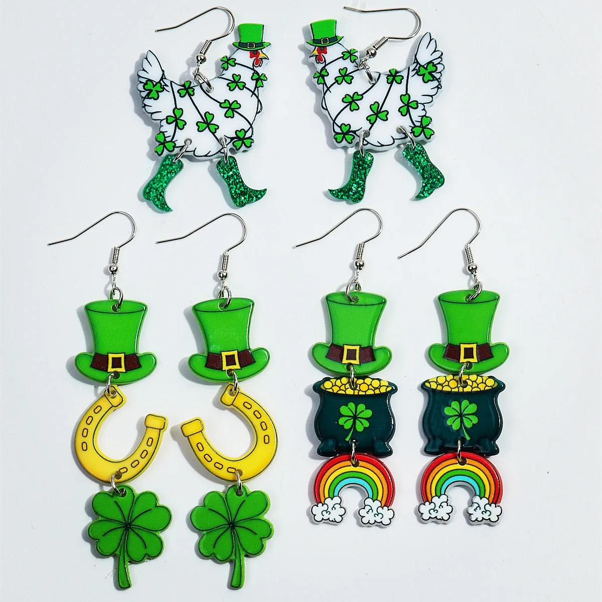 Saint Patricks Day Lucky Grass Chicken Beer Hat Drop Earrings for Women Girls Green Beer Festival Rainbow Earrings Jewelry Gifts