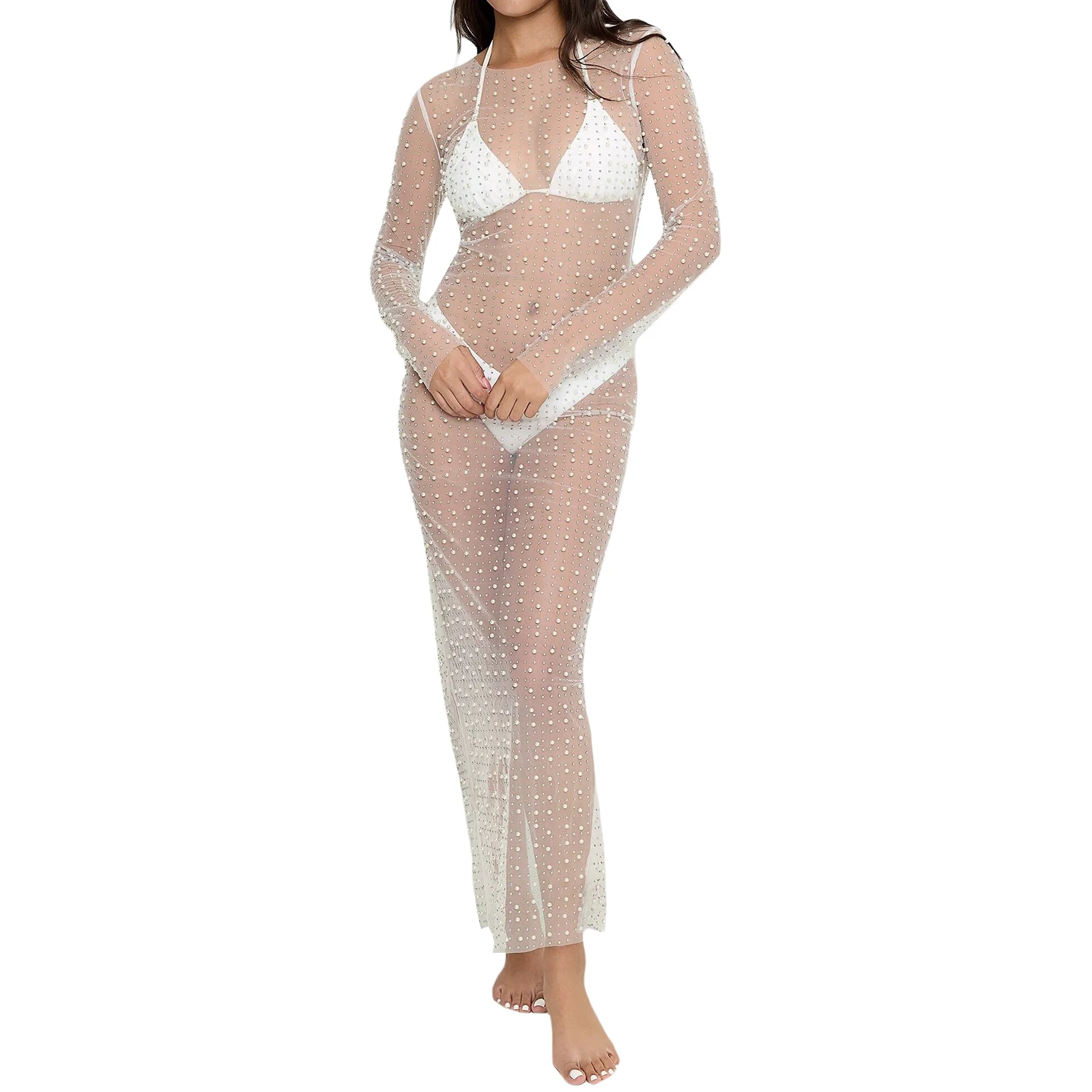 Women See-through Long Sleeve Dress Summer Skinny Long Sleeve Round Neck Back Slit Dress for Clubwear Cocktail with Pearl