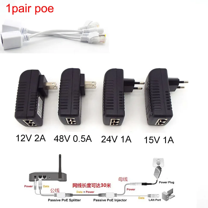 POE Injector Ethernet DC12V 48V 15V 1A 12V 2A 24V 1A 24W Camera Quan Sát Nguồn Điện adapter Chuyển Đổi IP POE EU Cầu Không Dây