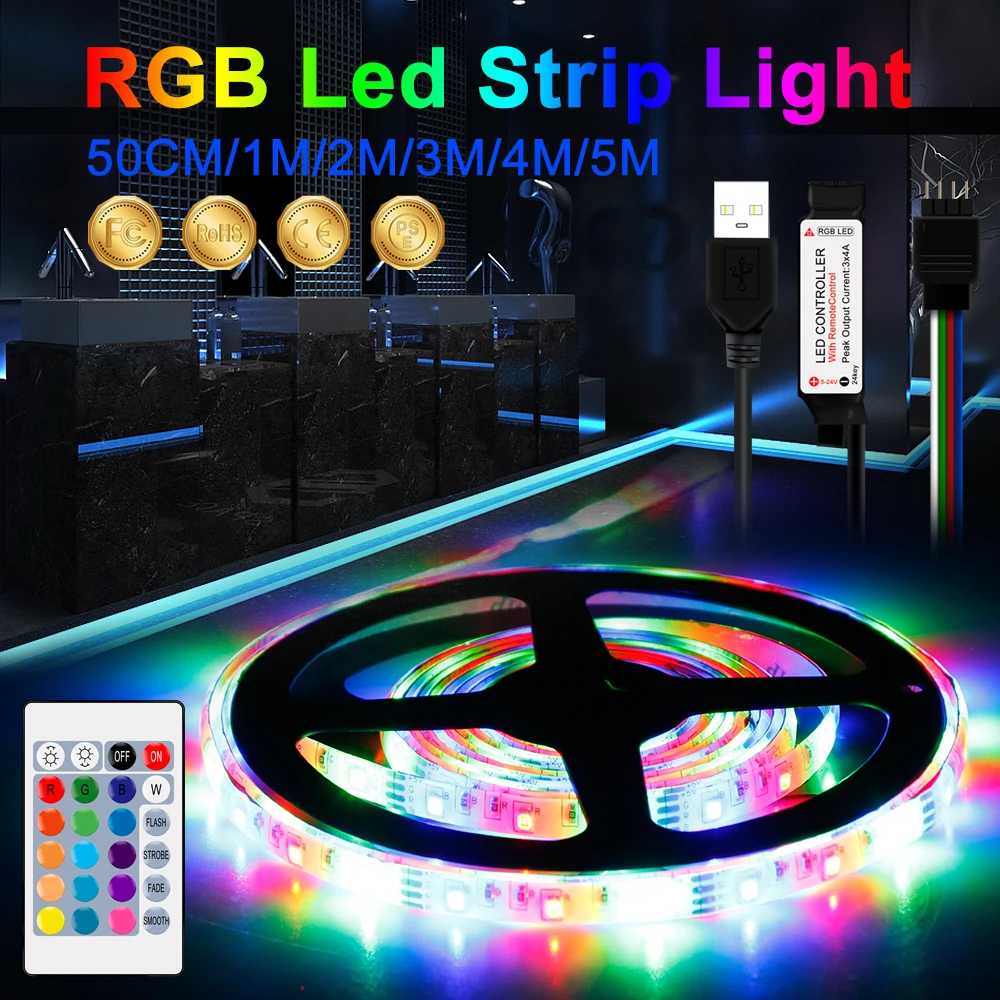 

LED RGB Strip Light Flexible RGB Lamp Strip LED Infrared Control 5V 0.5/1/2/3/4/5M TV Background Indoor RGB Lighting Decoration