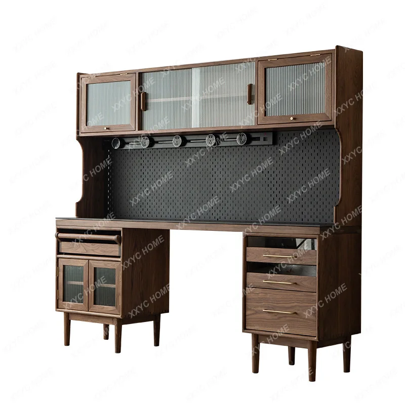 Black Walnut Solid Wood Sideboard Dining Table Integrated Folding Wall High Cabinet Wine Cabinet with Embedded Table