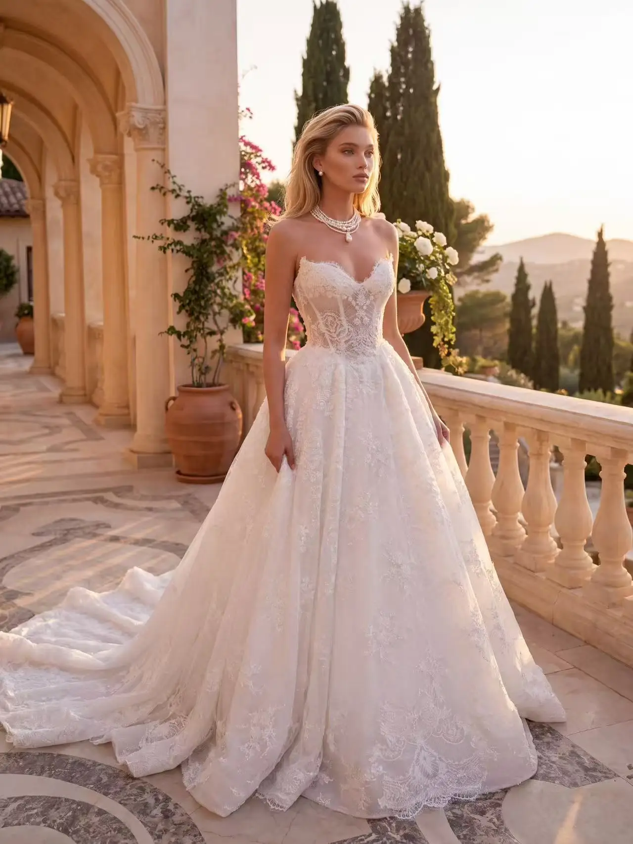 Romantic Strapless Sweetheart Bridal Gown Sheer Illusion Corset Bodice Beaded Lace Ballgown Wedding Dress Open Back Chapel Train