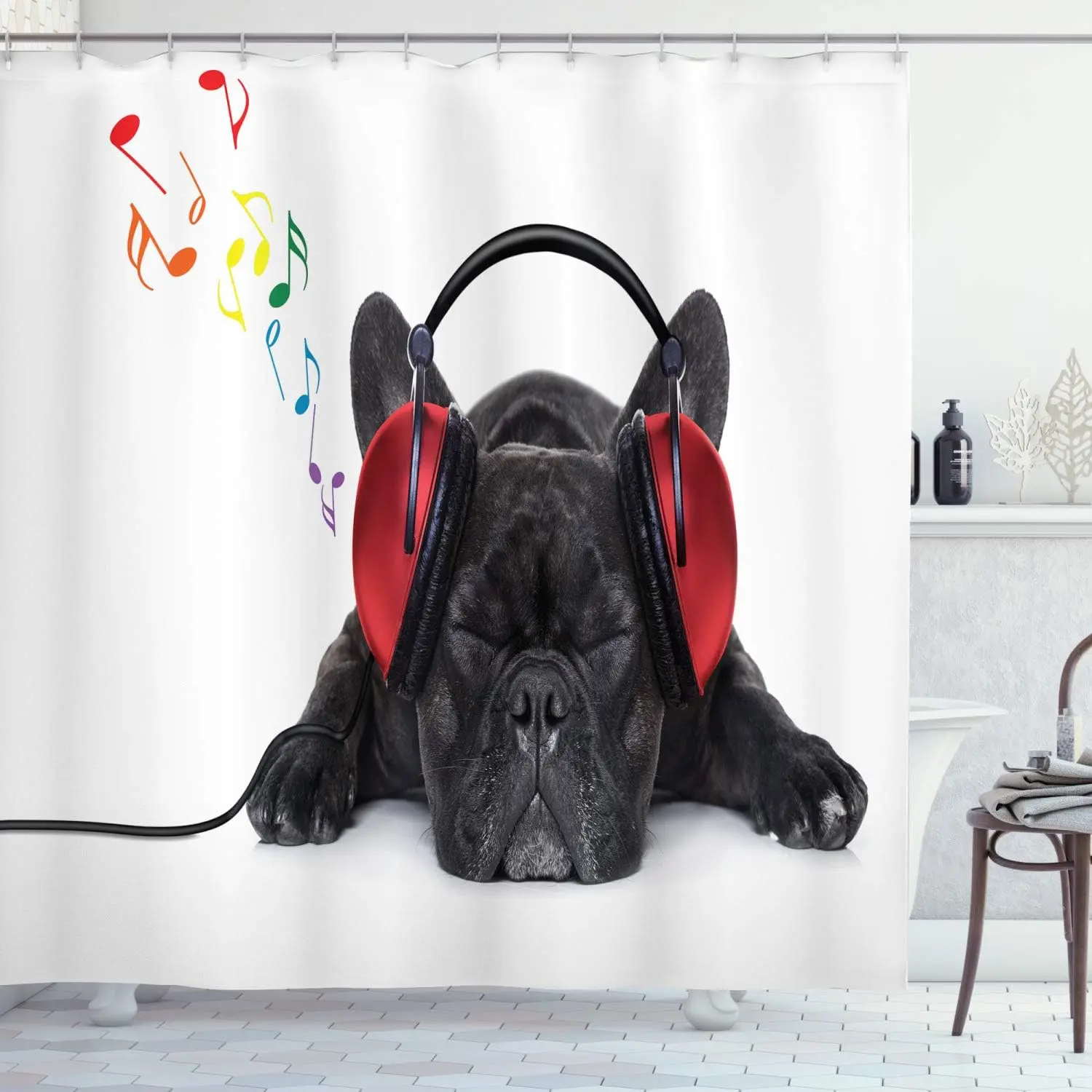 

French Bulldog Music Shower Curtain Dog With Headphones Pet Lover Decor Linen180x180