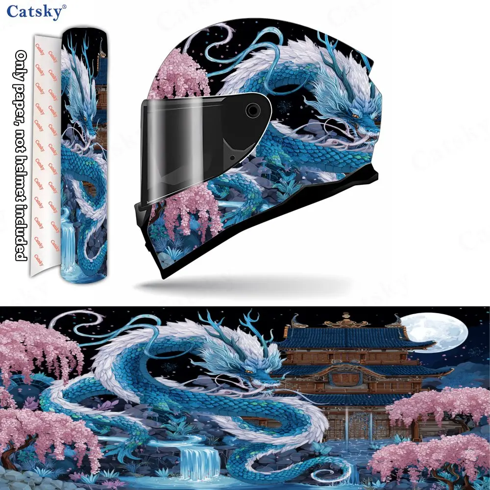 Blue Dragon with Pink Cherry Blossoms, Ancient Buildings Print Helmet stickers , PVC Material Multifunctional Helmet Stickers, S