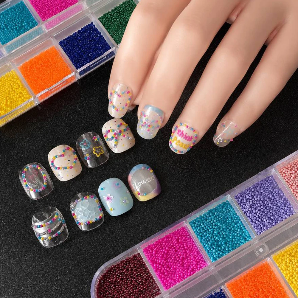 Small Shiny Steel Caviar Micro Beads For Nails 12 Grids Mixed Color Round Nail Studs DIY Nail Art Accessories