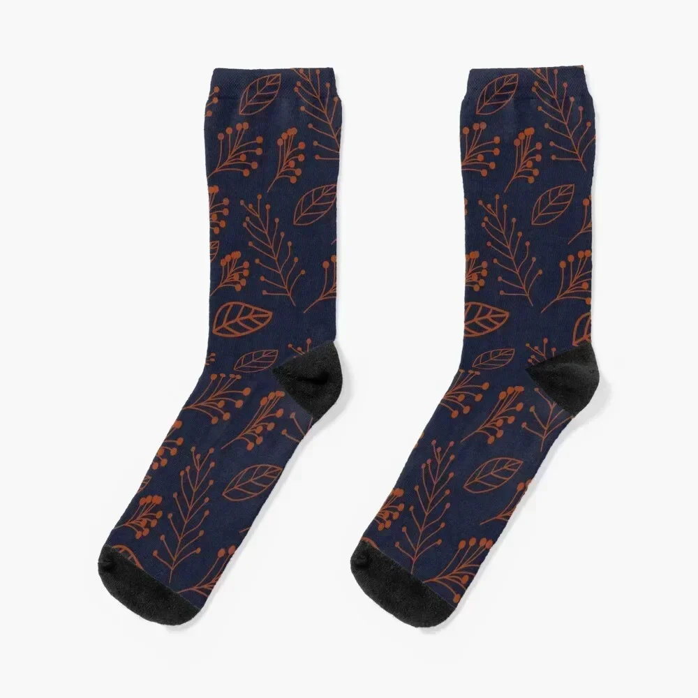 

Rust leaves and branches on dark blue Socks floral cute luxury sheer Women Socks Men's