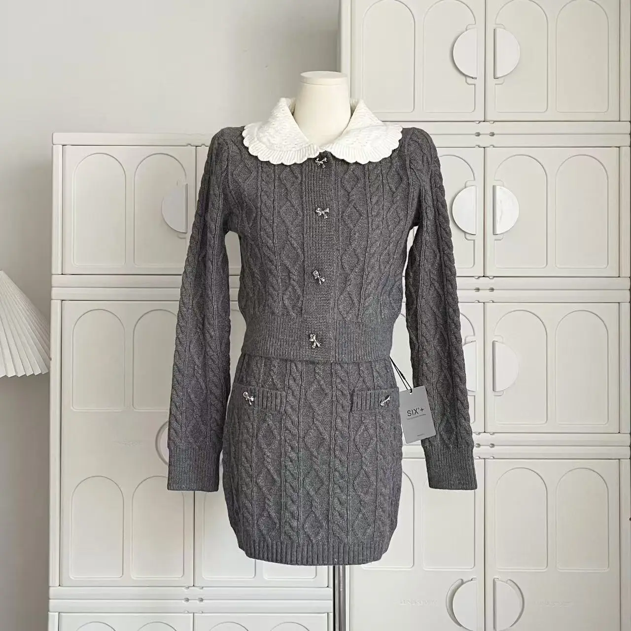 Handmade Crochet Lapel Fried Dough Twists Bow Knit Top Sweet Skirt Sexy Slim Dress Suit