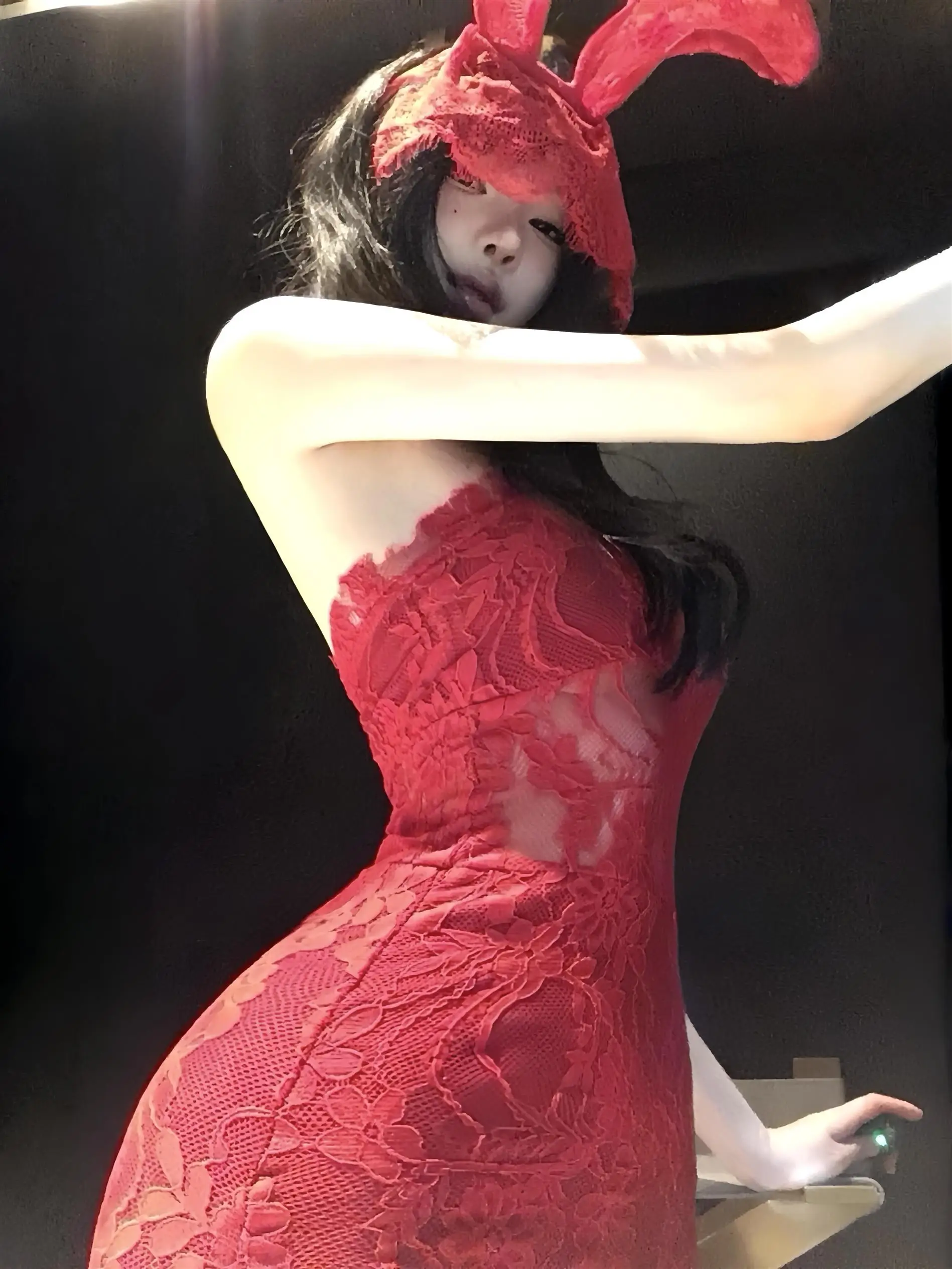 Vestido Bustier Rojo de Encaje con un Hombro Descubierto, Disfraz de loween, Falda Ajustada a la Cintura, Tela Suave, Elas...