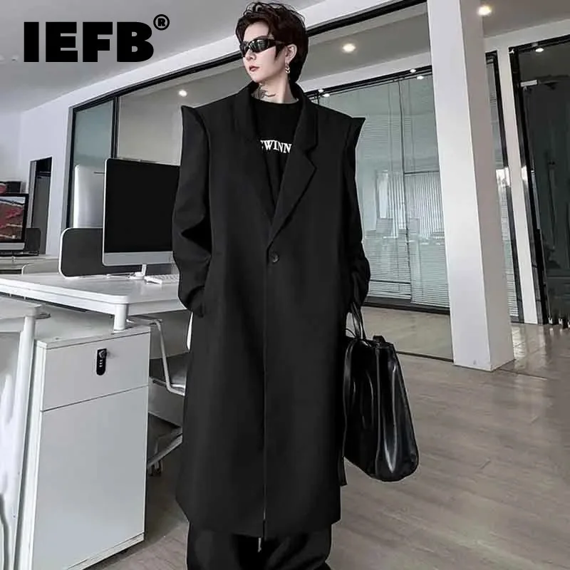 IEFB Shoulder Design Male Trench Personality Turn-down Collar Knee Length Solid Color Men\'s Windbreaker Casual Spring New 9C4478