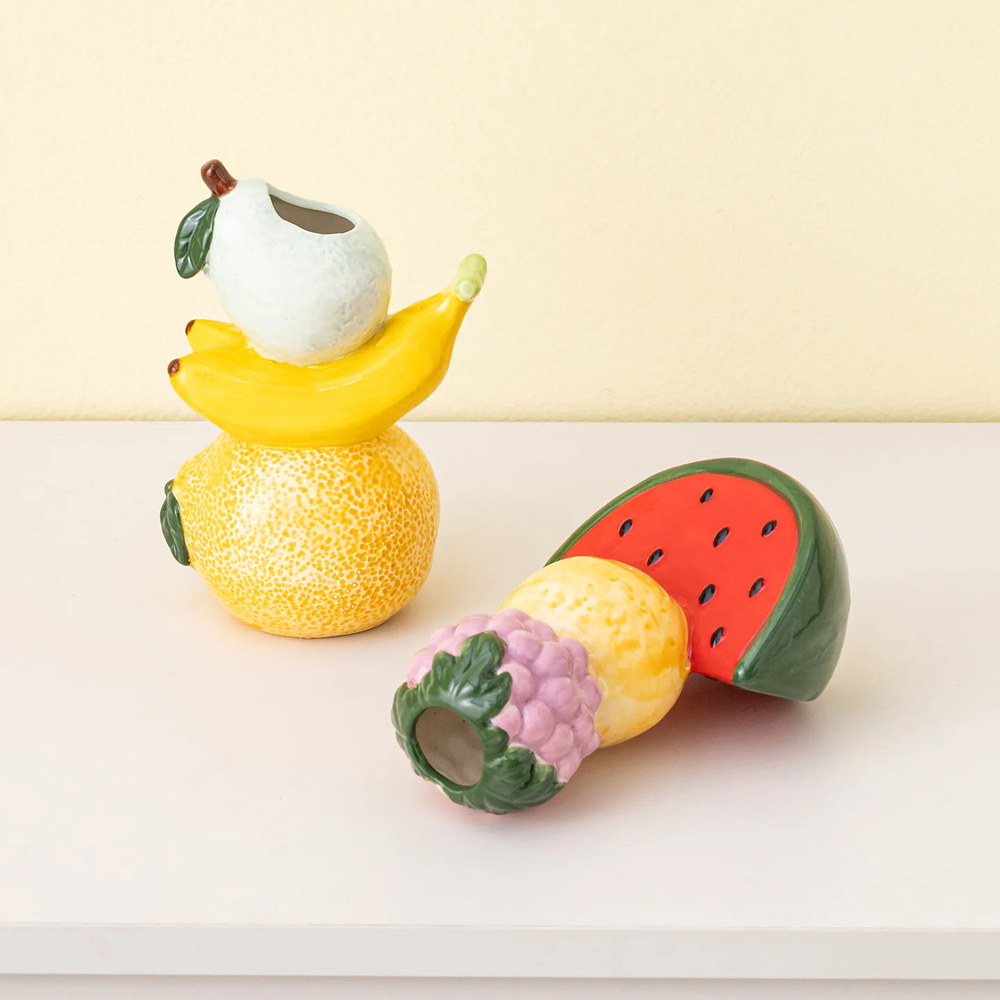 Avocado Fruit Ceramic Vase. Apple And Watermelon Fresh Flower Arrangement Set. Minimalist Decoration For Study Or Office Table