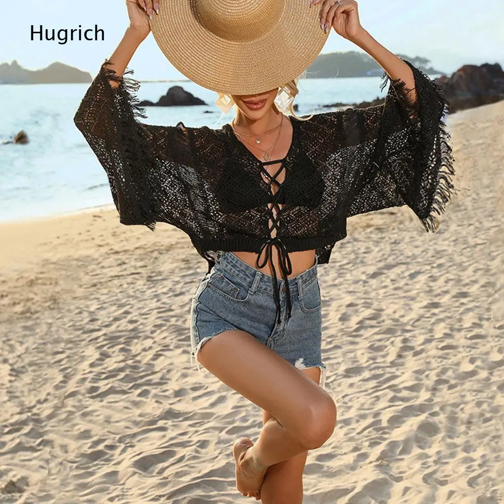 Women Open Mesh Knit Beach Cover Up Top Solid White Deep V Lace Tie Front Fringe Trim Flare Sleeve Sheer Casual Vacation Shirt