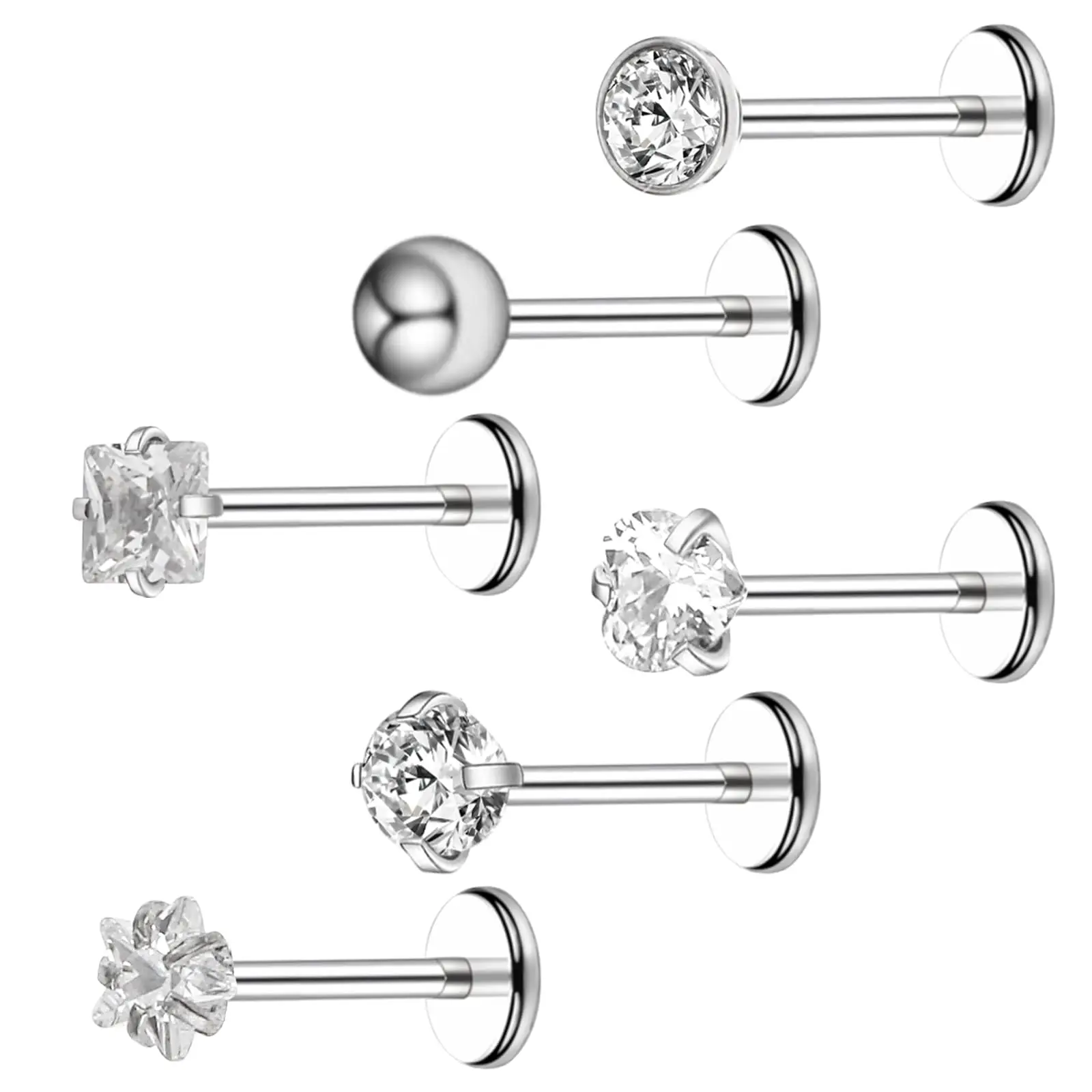 1/6Pcs Stainless Steel Internally Threaded CZ Rhinestone Lip Stud Cartilage Earring Piercing Jewelry Tragus Helix for Unisex 8mm