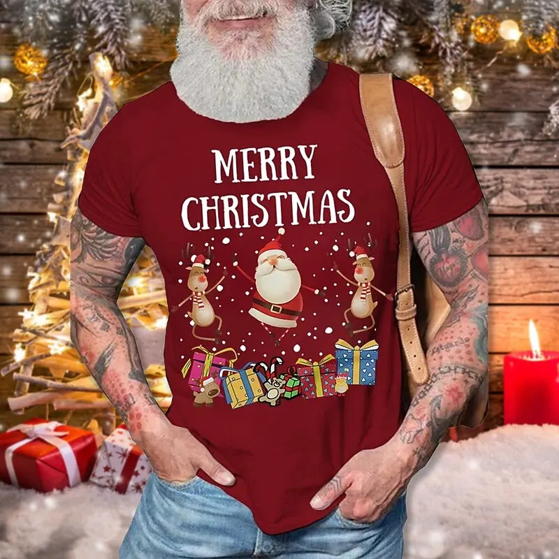 Cartoon Santa Claus Print T Shirt For Men Funny Christmas Elk Pattern T-Shirts Casual O-neck Short Sleeve Loose Tops X\'mas Tees