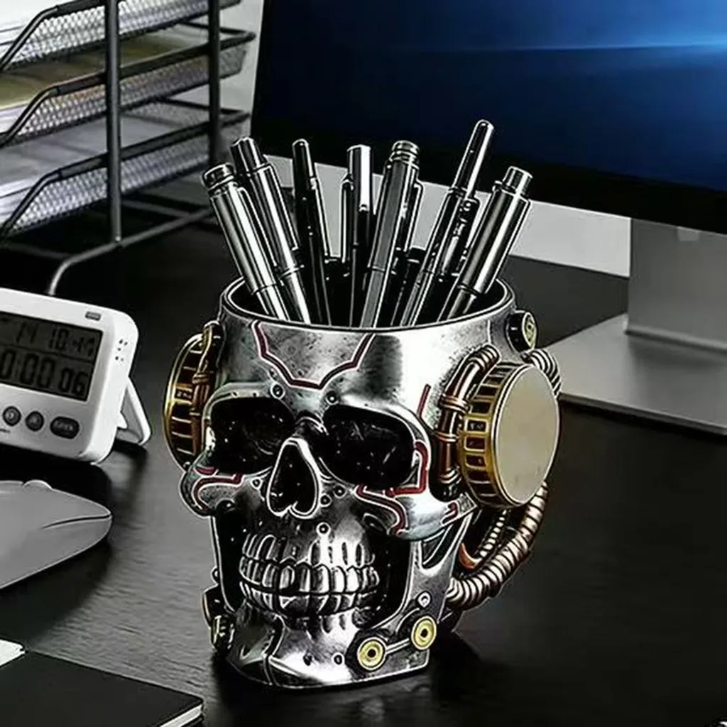 Cyberpunk Mechanical Skull Pen Holder, Multifunctional Decorative Desk Storage Organizer for Home Office Student Desktop Decor