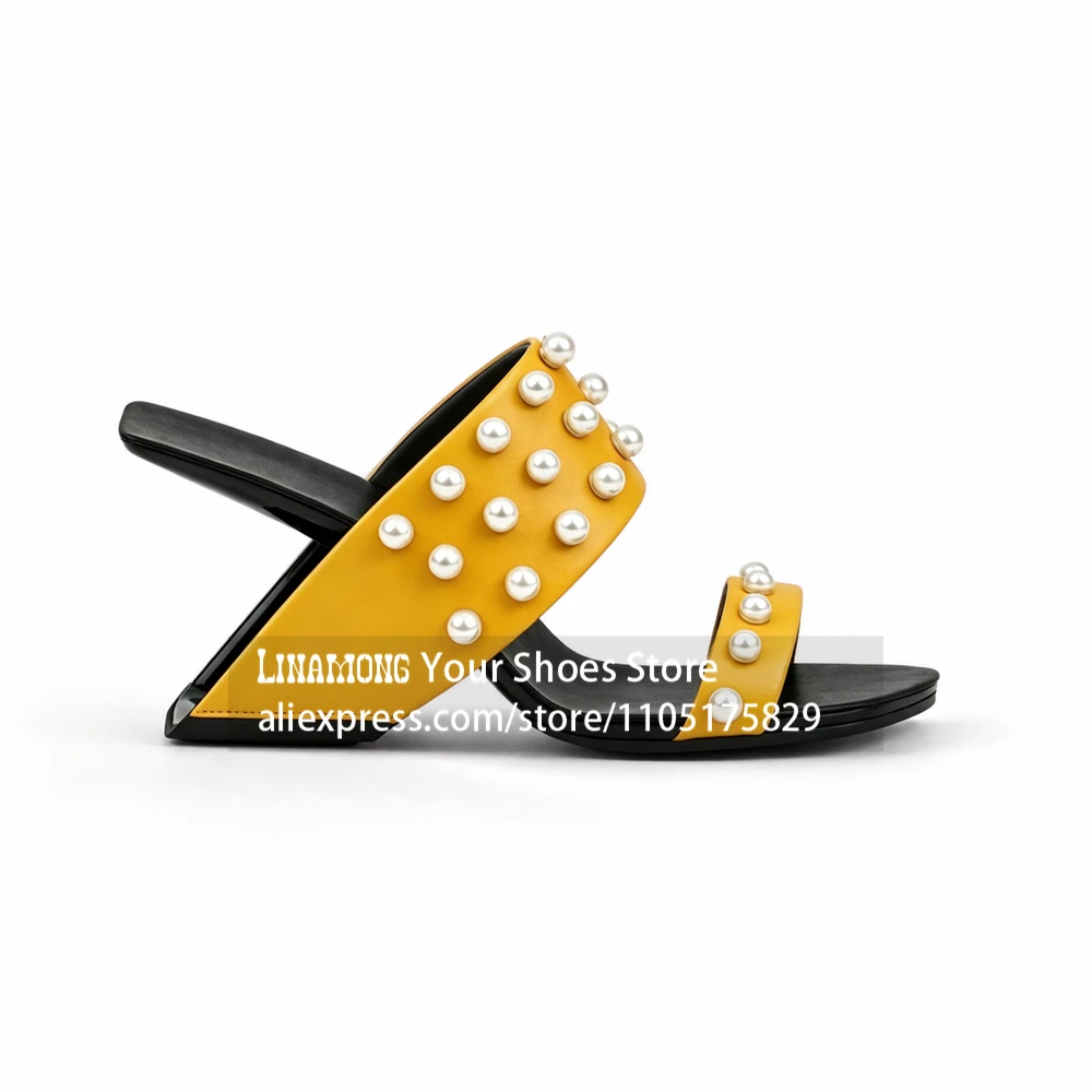 Pearl Decor Sculpture Novelty Heel Slippers Pearl Embellished Square Open Toe Summer Shoes Designer Sculpted Heel Mule Slippers - view 5