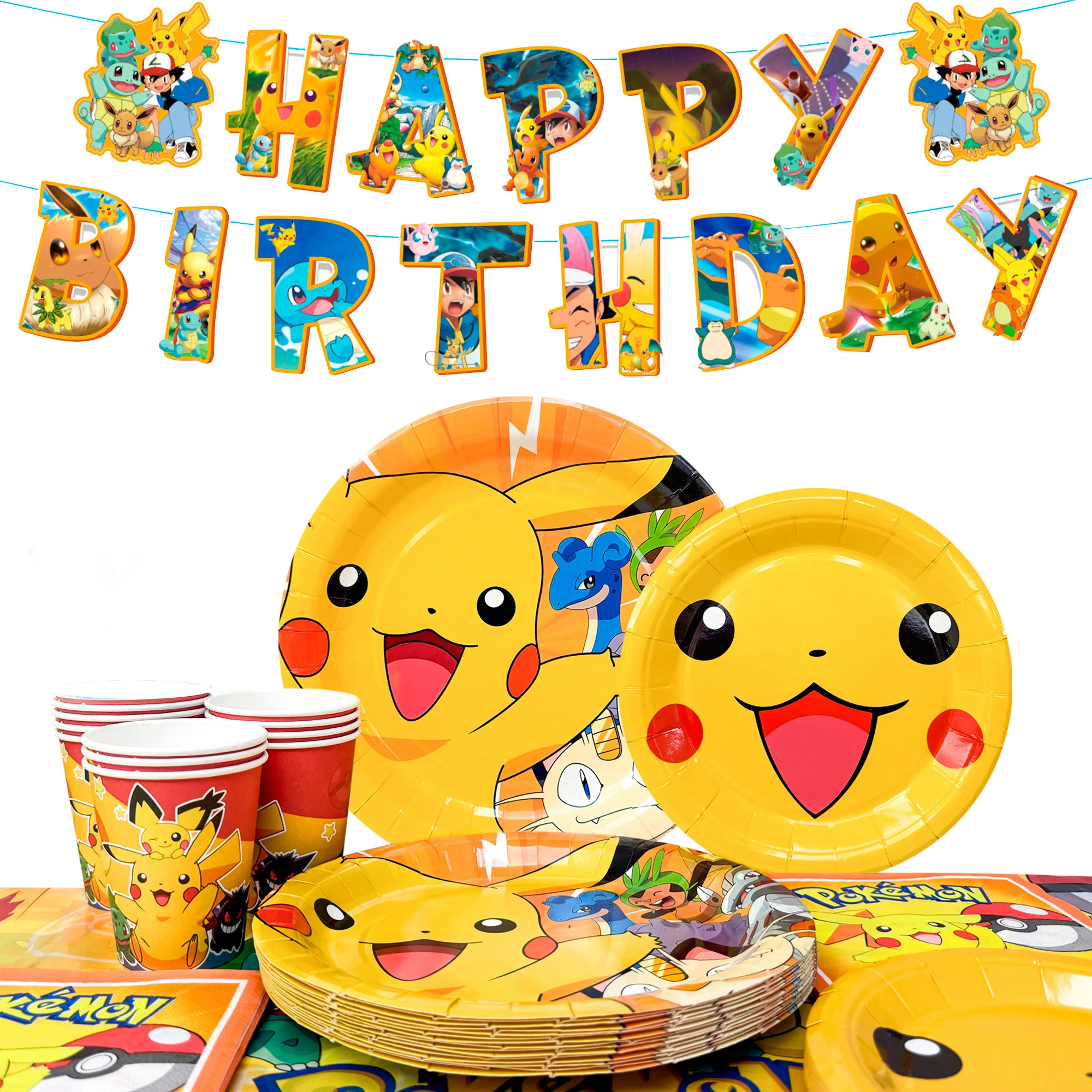 114-teiliges Pokemon-Partygeschirr-Set – Pokemon-Party-Tischdecke, Banner, Teller, Servietten, Becher usw. Pokemon-Geburtstagsparty-Geschirr für Pikachu-Geburtstagsparty-Dekorationen